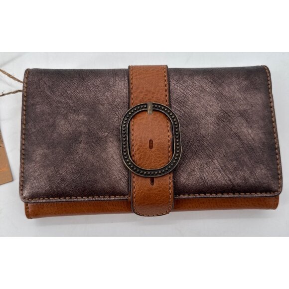 Catchfly Womens Wallet Faux Leather Bifold RFID Brown With Buckle New - Picture 2 of 9